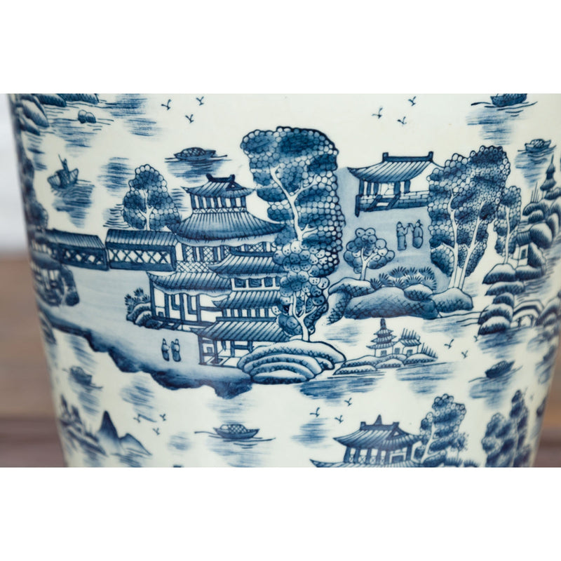 Chinese Vintage Porcelain Cache-Pot Planter with Blue and White Landscape-YN3516-14. Asian & Chinese Furniture, Art, Antiques, Vintage Home Décor for sale at FEA Home