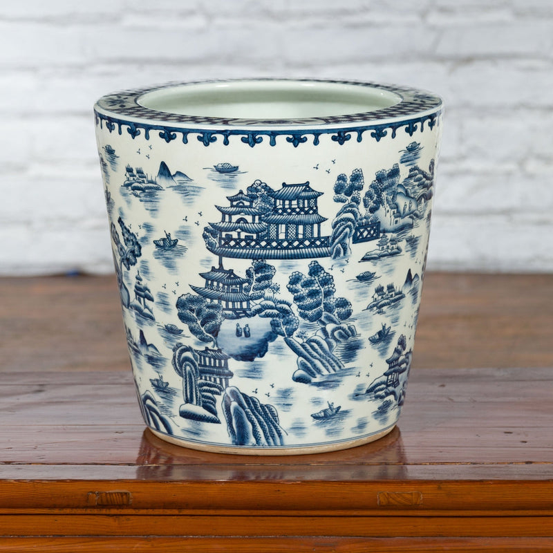 Chinese Vintage Porcelain Cache-Pot Planter with Blue and White Landscape-YN3516-2. Asian & Chinese Furniture, Art, Antiques, Vintage Home Décor for sale at FEA Home