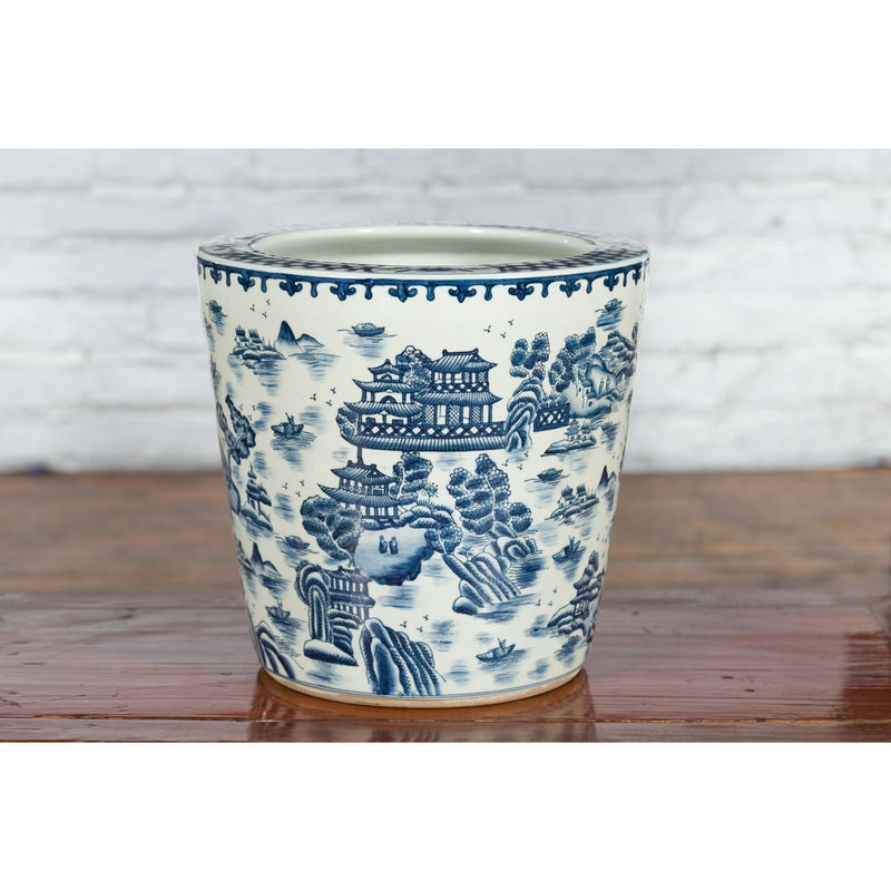 Chinese Vintage Porcelain Cache-Pot Planter with Blue and White Landscape-YN3516-5. Asian & Chinese Furniture, Art, Antiques, Vintage Home Décor for sale at FEA Home