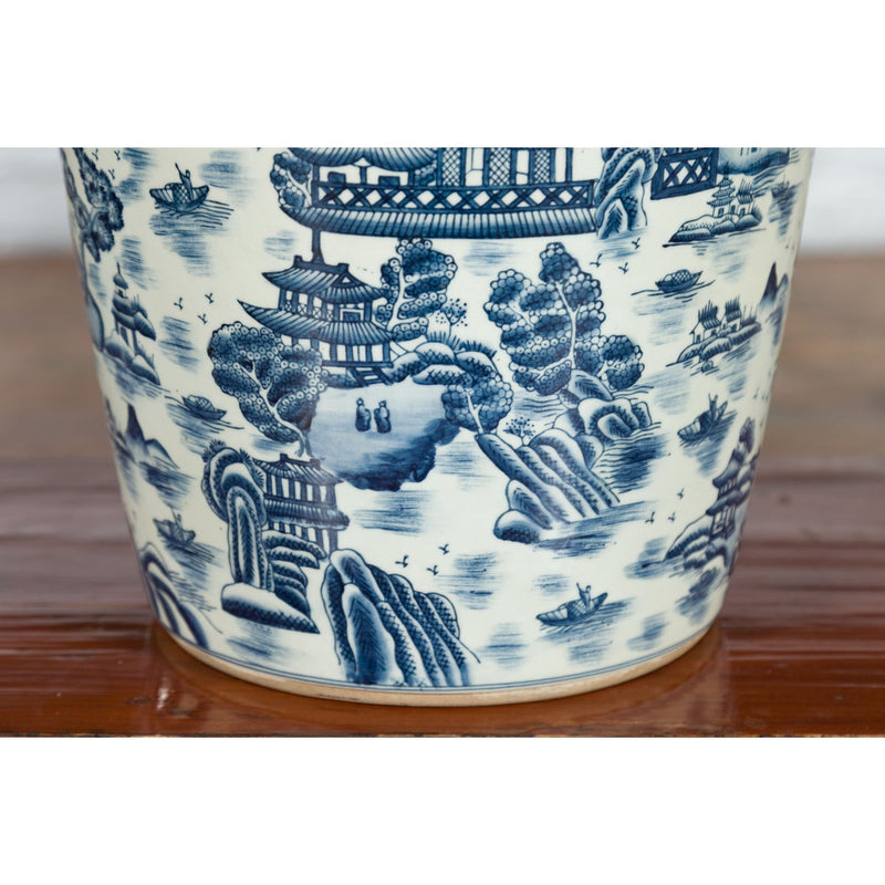 Chinese Vintage Porcelain Cache-Pot Planter with Blue and White Landscape-YN3516-8. Asian & Chinese Furniture, Art, Antiques, Vintage Home Décor for sale at FEA Home
