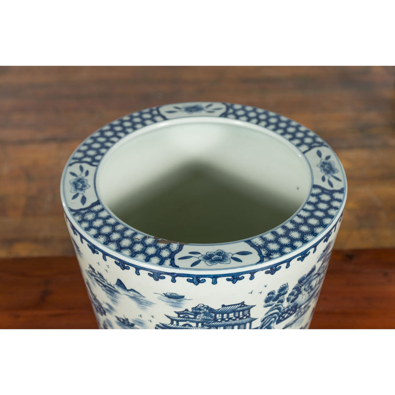 Chinese Vintage Porcelain Cache-Pot Planter with Blue and White Landscape-YN3516-9. Asian & Chinese Furniture, Art, Antiques, Vintage Home Décor for sale at FEA Home