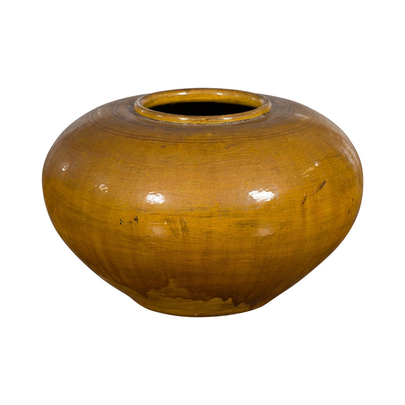 Chinese Vintage Porcelain Low Squat Planter with Yellow Mustard Glaze-YN7482-1. Asian & Chinese Furniture, Art, Antiques, Vintage Home Décor for sale at FEA Home