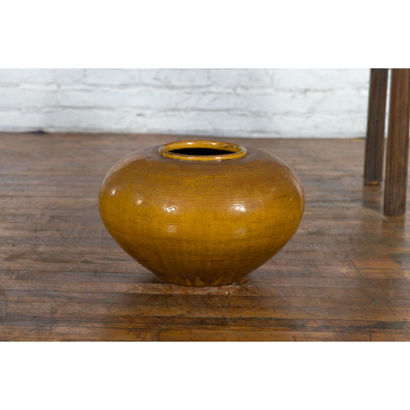 Chinese Vintage Porcelain Low Squat Planter with Yellow Mustard Glaze-YN7482-12. Asian & Chinese Furniture, Art, Antiques, Vintage Home Décor for sale at FEA Home