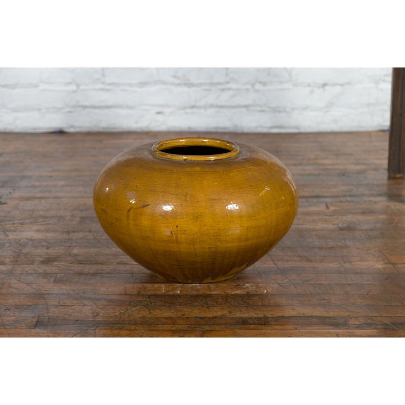Chinese Vintage Porcelain Low Squat Planter with Yellow Mustard Glaze-YN7482-3. Asian & Chinese Furniture, Art, Antiques, Vintage Home Décor for sale at FEA Home