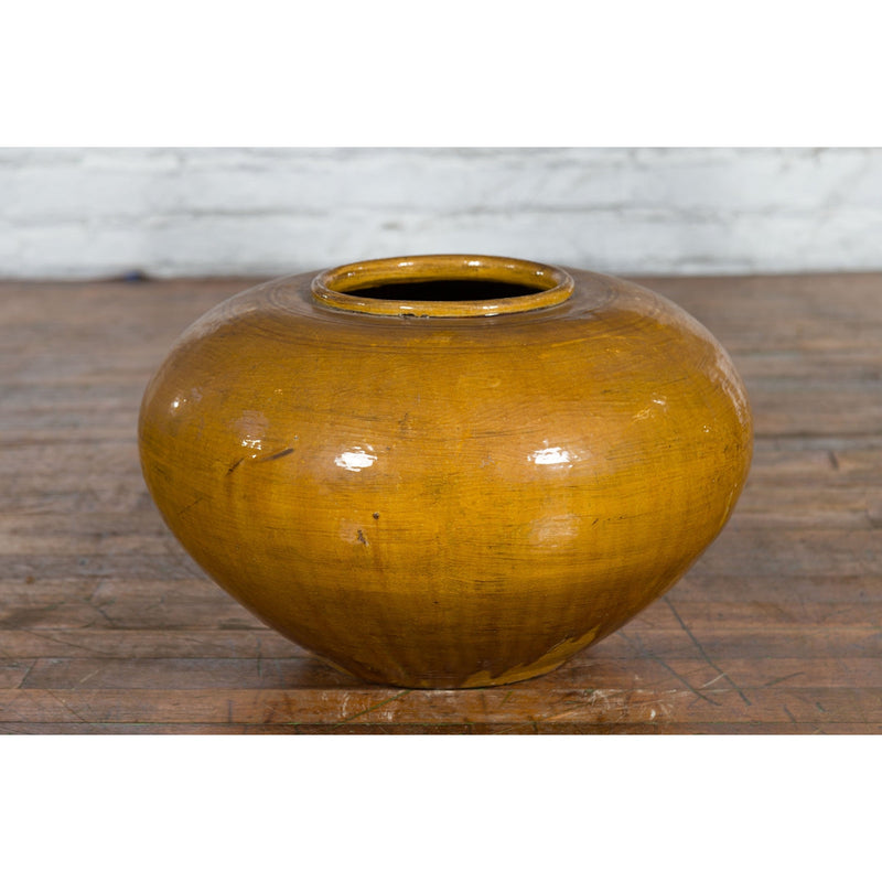 Chinese Vintage Porcelain Low Squat Planter with Yellow Mustard Glaze-YN7482-4. Asian & Chinese Furniture, Art, Antiques, Vintage Home Décor for sale at FEA Home