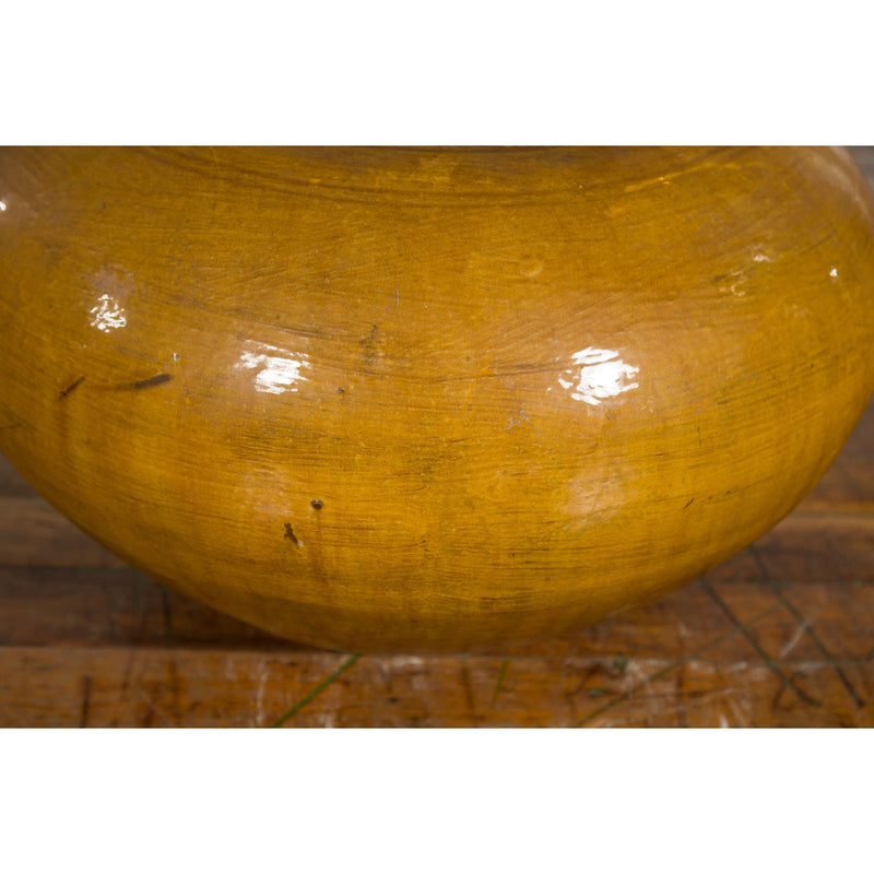 Chinese Vintage Porcelain Low Squat Planter with Yellow Mustard Glaze-YN7482-9. Asian & Chinese Furniture, Art, Antiques, Vintage Home Décor for sale at FEA Home