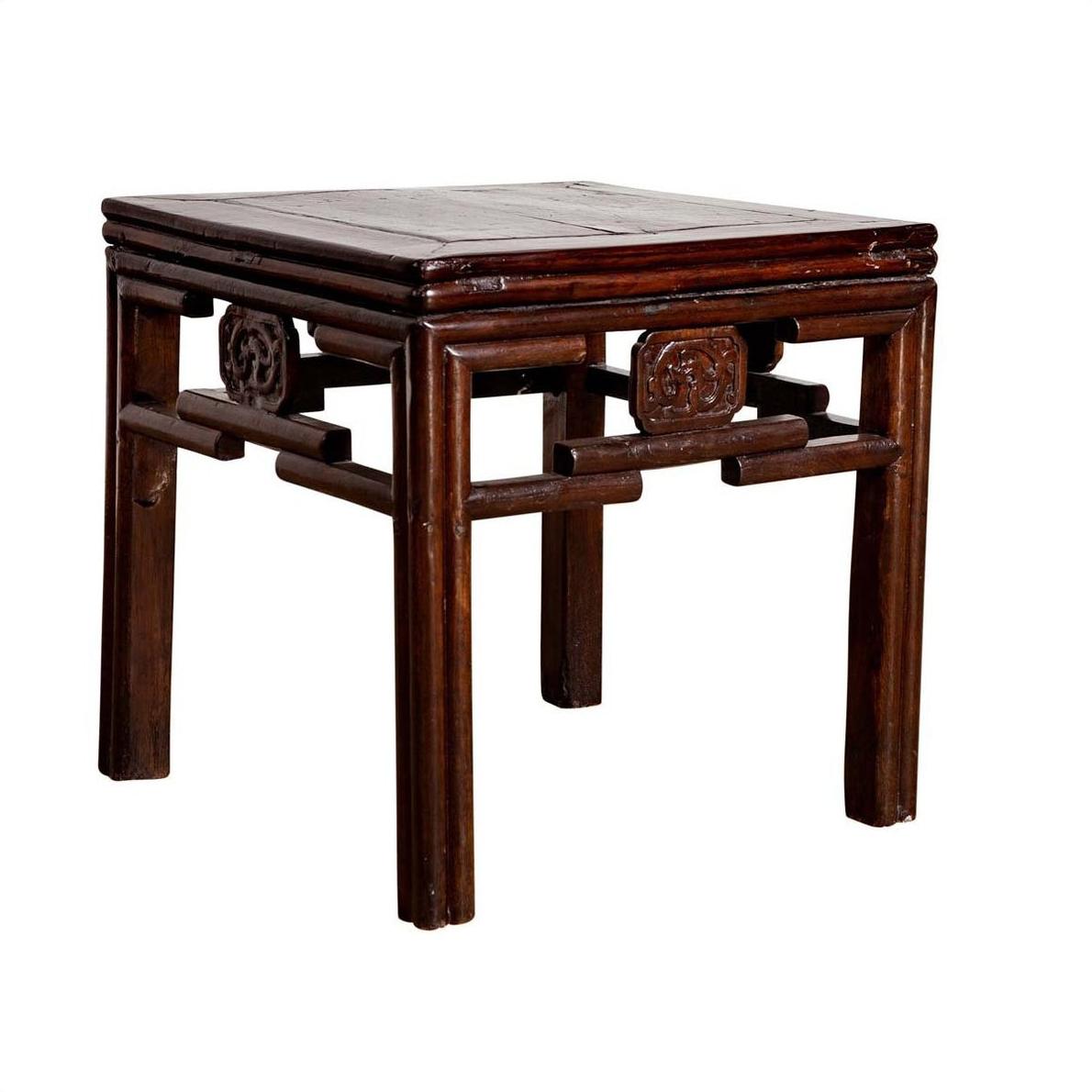 Dark wood square side table with carved medallions, straight sturdy legs, vintage Qing style.