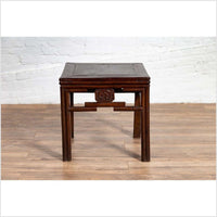 Chinese Vintage Qing Style Side Table with Dark Patina and Carved Medallions