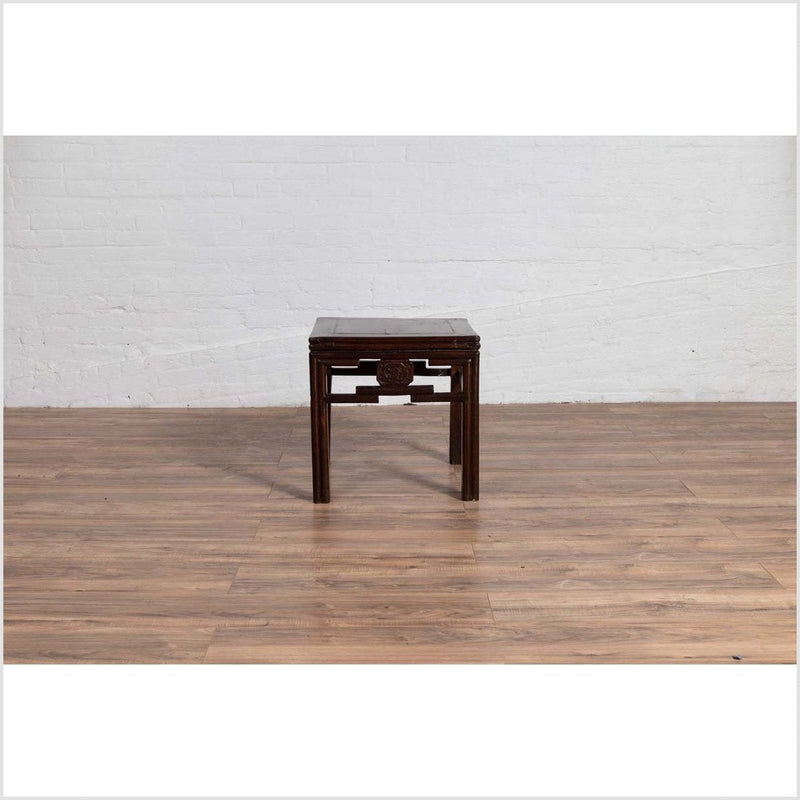 Chinese Vintage Qing Style Side Table with Dark Patina and Carved Medallions-YN6132-5. Asian & Chinese Furniture, Art, Antiques, Vintage Home Décor for sale at FEA Home