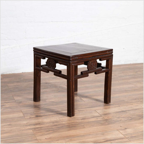 Chinese Vintage Qing Style Side Table with Dark Patina and Carved Medallions-YN6132-9. Asian & Chinese Furniture, Art, Antiques, Vintage Home Décor for sale at FEA Home