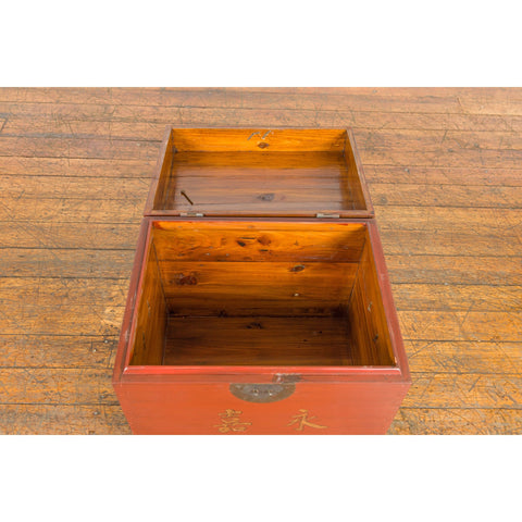 This-is-a-picture-of-a-Chinese Vintage Red Lacquer Wedding Chest with Gilded Calligraphy and Drawer-image-position-10-style-YN7651-Shop-for-Vintage-and-Antique-Asian-and-Chinese-Furniture-for-sale-at-FEA Home-NYC