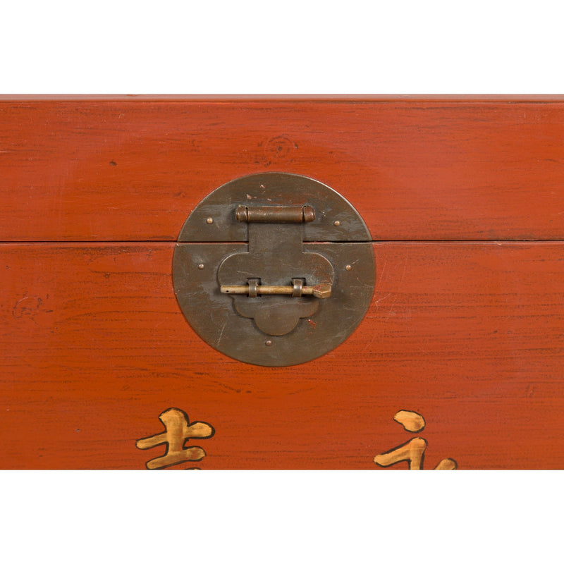 This-is-a-picture-of-a-Chinese Vintage Red Lacquer Wedding Chest with Gilded Calligraphy and Drawer-image-position-11-style-YN7651-Shop-for-Vintage-and-Antique-Asian-and-Chinese-Furniture-for-sale-at-FEA Home-NYC