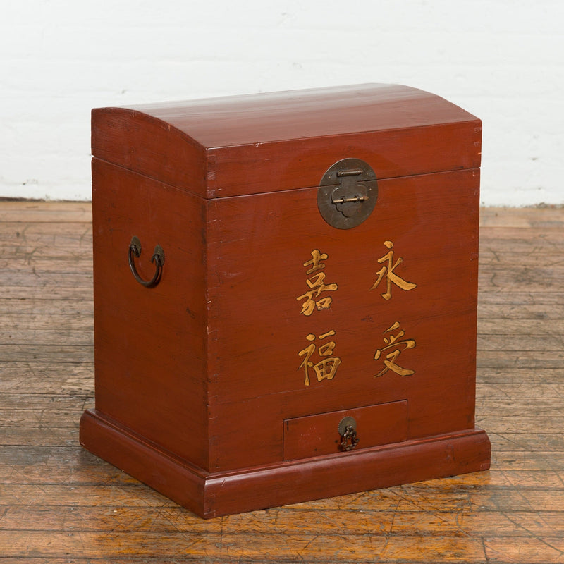 This-is-a-picture-of-a-Chinese Vintage Red Lacquer Wedding Chest with Gilded Calligraphy and Drawer-image-position-13-style-YN7651-Shop-for-Vintage-and-Antique-Asian-and-Chinese-Furniture-for-sale-at-FEA Home-NYC