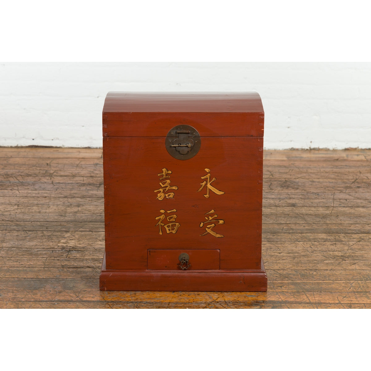 Chinese Vintage Red Lacquer Wedding Chest with Gilded Calligraphy and Drawer-2. Asian & Chinese Furniture, Art, Antiques, Vintage Home Décor for sale at FEA Home