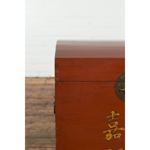 This-is-a-picture-of-a-Chinese Vintage Red Lacquer Wedding Chest with Gilded Calligraphy and Drawer-image-position-6-style-YN7651-Shop-for-Vintage-and-Antique-Asian-and-Chinese-Furniture-for-sale-at-FEA Home-NYC
