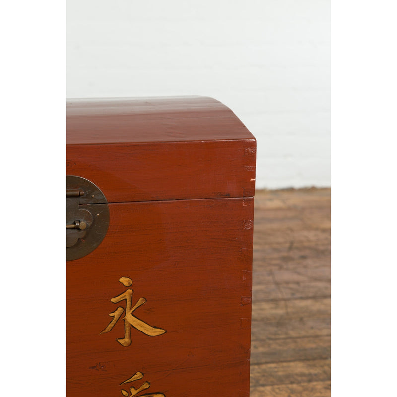 This-is-a-picture-of-a-Chinese Vintage Red Lacquer Wedding Chest with Gilded Calligraphy and Drawer-image-position-7-style-YN7651-Shop-for-Vintage-and-Antique-Asian-and-Chinese-Furniture-for-sale-at-FEA Home-NYC