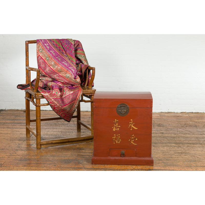 This-is-a-picture-of-a-Chinese Vintage Red Lacquer Wedding Chest with Gilded Calligraphy and Drawer-image-position-8-style-YN7651-Shop-for-Vintage-and-Antique-Asian-and-Chinese-Furniture-for-sale-at-FEA Home-NYC