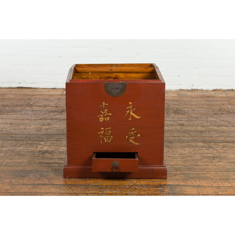 This-is-a-picture-of-a-Chinese Vintage Red Lacquer Wedding Chest with Gilded Calligraphy and Drawer-image-position-9-style-YN7651-Shop-for-Vintage-and-Antique-Asian-and-Chinese-Furniture-for-sale-at-FEA Home-NYC