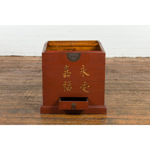 This-is-a-picture-of-a-Chinese Vintage Red Lacquer Wedding Chest with Gilded Calligraphy and Drawer-image-position-9-style-YN7651-Shop-for-Vintage-and-Antique-Asian-and-Chinese-Furniture-for-sale-at-FEA Home-NYC
