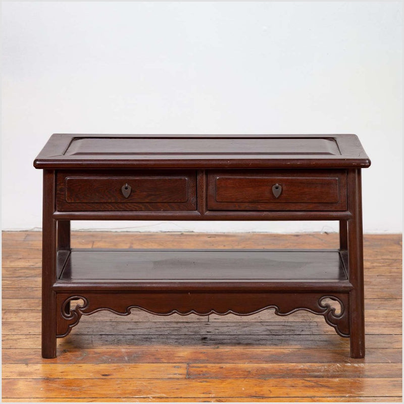 Chinese Vintage Rosewood Low Side Table with Two Drawers and Shelf-YN6457-5. Asian & Chinese Furniture, Art, Antiques, Vintage Home Décor for sale at FEA Home