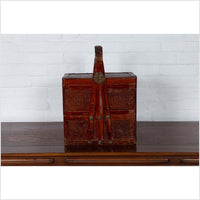Chinese Vintage Tiered Rattan Picnic Basket with Large Handle and Metal Accents