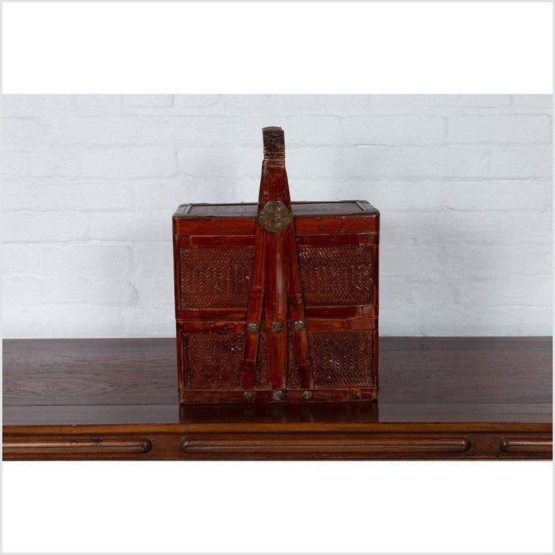 Chinese Vintage Tiered Rattan Picnic Basket with Large Handle and Metal Accents-YN6317-11. Asian & Chinese Furniture, Art, Antiques, Vintage Home Décor for sale at FEA Home