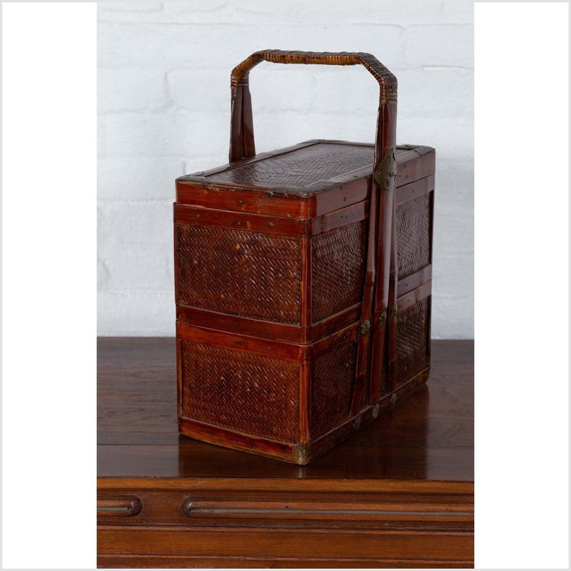 Chinese Vintage Tiered Rattan Picnic Basket with Large Handle and Metal Accents-YN6317-12. Asian & Chinese Furniture, Art, Antiques, Vintage Home Décor for sale at FEA Home