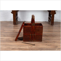 Chinese Vintage Tiered Rattan Picnic Basket with Large Handle and Metal Accents