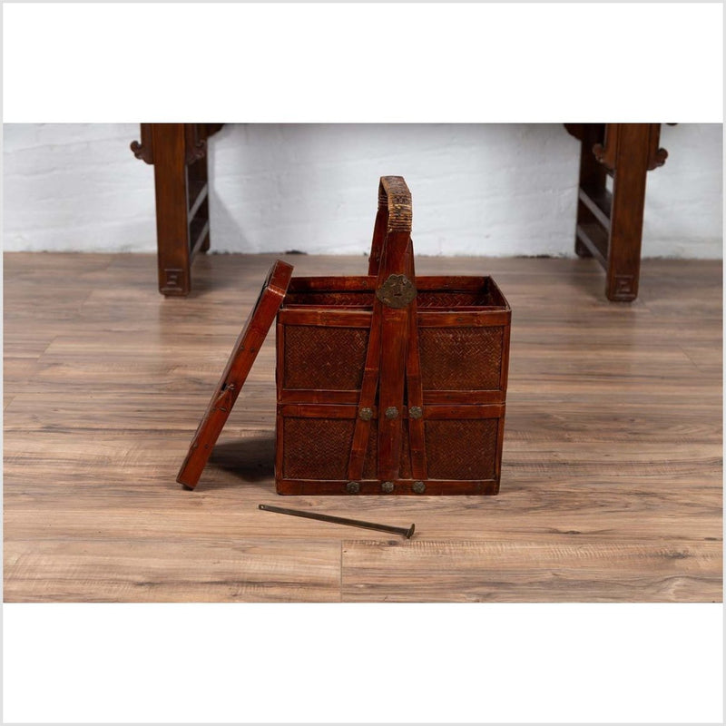 Chinese Vintage Tiered Rattan Picnic Basket with Large Handle and Metal Accents-YN6317-13. Asian & Chinese Furniture, Art, Antiques, Vintage Home Décor for sale at FEA Home