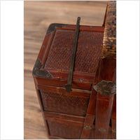 Chinese Vintage Tiered Rattan Picnic Basket with Large Handle and Metal Accents