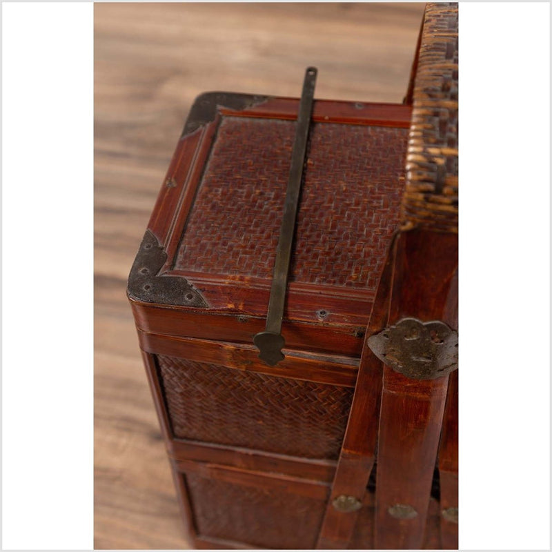 Chinese Vintage Tiered Rattan Picnic Basket with Large Handle and Metal Accents-YN6317-15. Asian & Chinese Furniture, Art, Antiques, Vintage Home Décor for sale at FEA Home