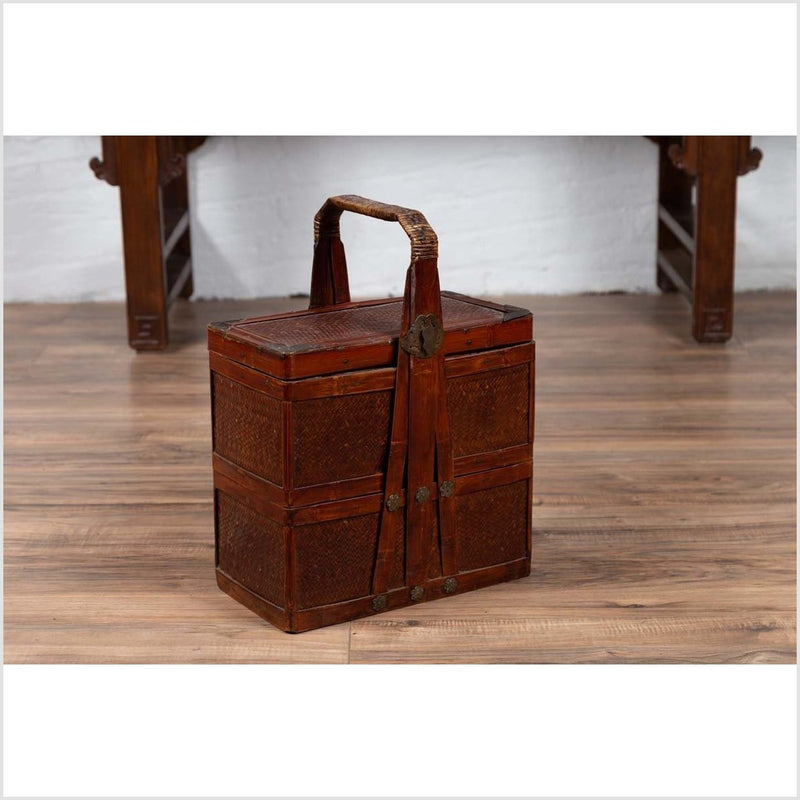 Chinese Vintage Tiered Rattan Picnic Basket with Large Handle and Metal Accents-YN6317-16. Asian & Chinese Furniture, Art, Antiques, Vintage Home Décor for sale at FEA Home