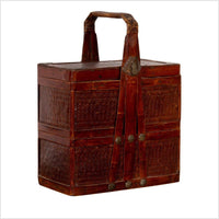 Chinese Vintage Tiered Rattan Picnic Basket with Large Handle and Metal Accents