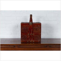 Chinese Vintage Tiered Rattan Picnic Basket with Large Handle and Metal Accents