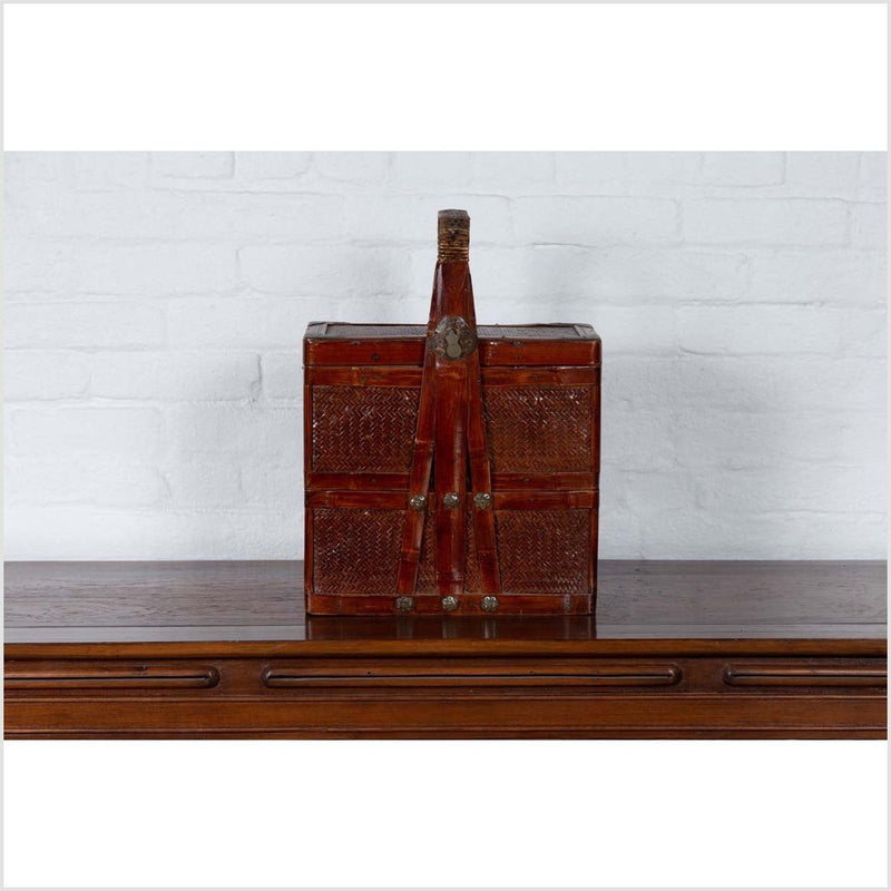 Chinese Vintage Tiered Rattan Picnic Basket with Large Handle and Metal Accents-YN6317-4. Asian & Chinese Furniture, Art, Antiques, Vintage Home Décor for sale at FEA Home