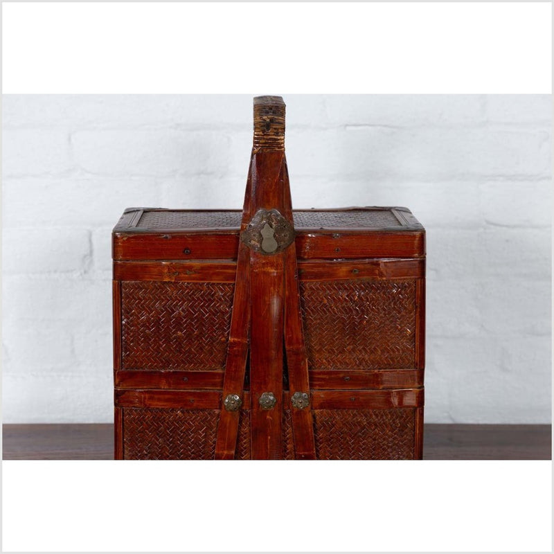 Chinese Vintage Tiered Rattan Picnic Basket with Large Handle and Metal Accents-YN6317-5. Asian & Chinese Furniture, Art, Antiques, Vintage Home Décor for sale at FEA Home