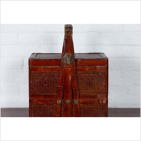 Chinese Vintage Tiered Rattan Picnic Basket with Large Handle and Metal Accents-YN6317-5. Asian & Chinese Furniture, Art, Antiques, Vintage Home Décor for sale at FEA Home