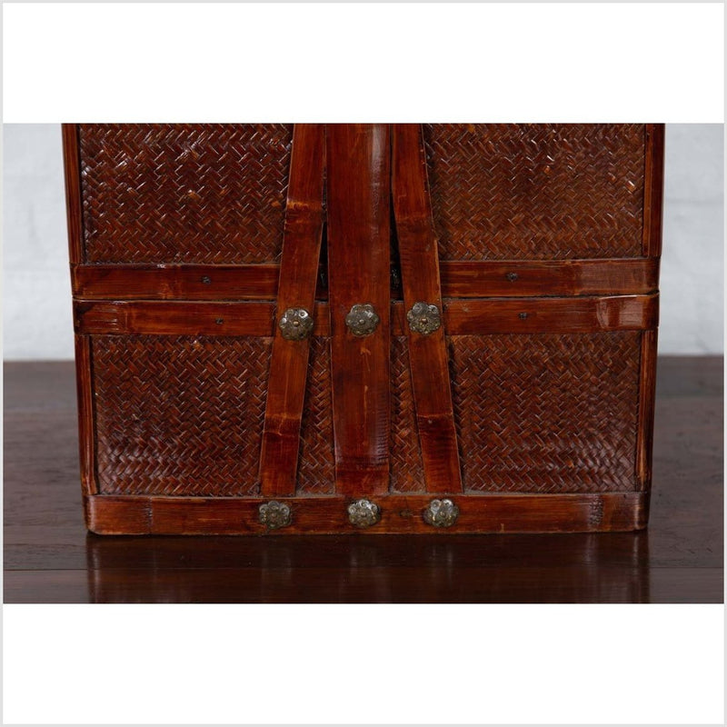 Chinese Vintage Tiered Rattan Picnic Basket with Large Handle and Metal Accents-YN6317-6. Asian & Chinese Furniture, Art, Antiques, Vintage Home Décor for sale at FEA Home