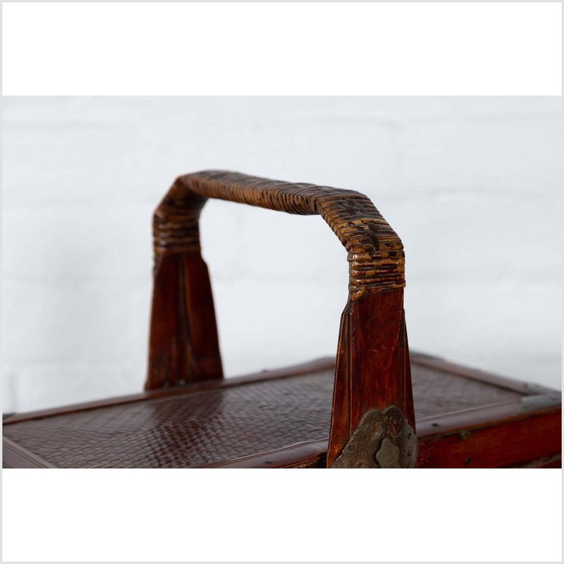 Chinese Vintage Tiered Rattan Picnic Basket with Large Handle and Metal Accents-YN6317-7. Asian & Chinese Furniture, Art, Antiques, Vintage Home Décor for sale at FEA Home