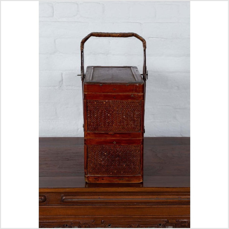Chinese Vintage Tiered Rattan Picnic Basket with Large Handle and Metal Accents-YN6317-10. Asian & Chinese Furniture, Art, Antiques, Vintage Home Décor for sale at FEA Home