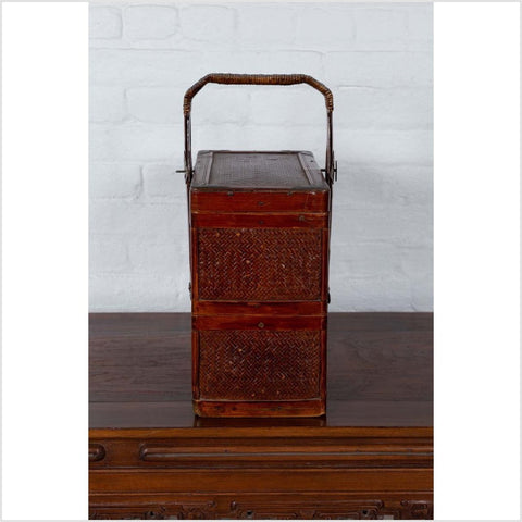 Chinese Vintage Tiered Rattan Picnic Basket with Large Handle and Metal Accents-YN6317-10. Asian & Chinese Furniture, Art, Antiques, Vintage Home Décor for sale at FEA Home