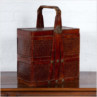 Chinese Vintage Tiered Rattan Picnic Basket with Large Handle and Metal Accents