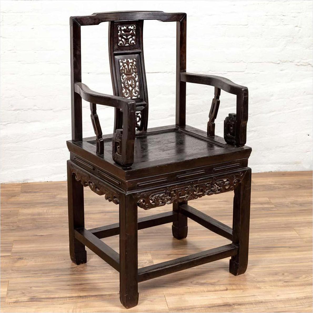 Chinese Wedding Chair with Curvy Pierced Splat, Serpentine Arms and Dark Patina-15. Asian &amp; Chinese Furniture, Art, Antiques, Vintage Home Décor for sale at FEA Home