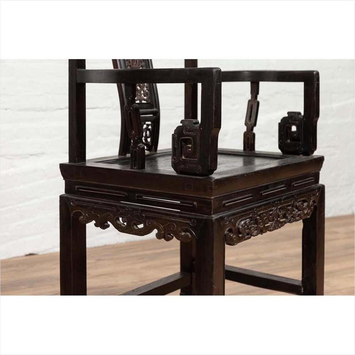 Chinese Wedding Chair with Curvy Pierced Splat, Serpentine Arms and Dark Patina-16. Asian &amp; Chinese Furniture, Art, Antiques, Vintage Home Décor for sale at FEA Home