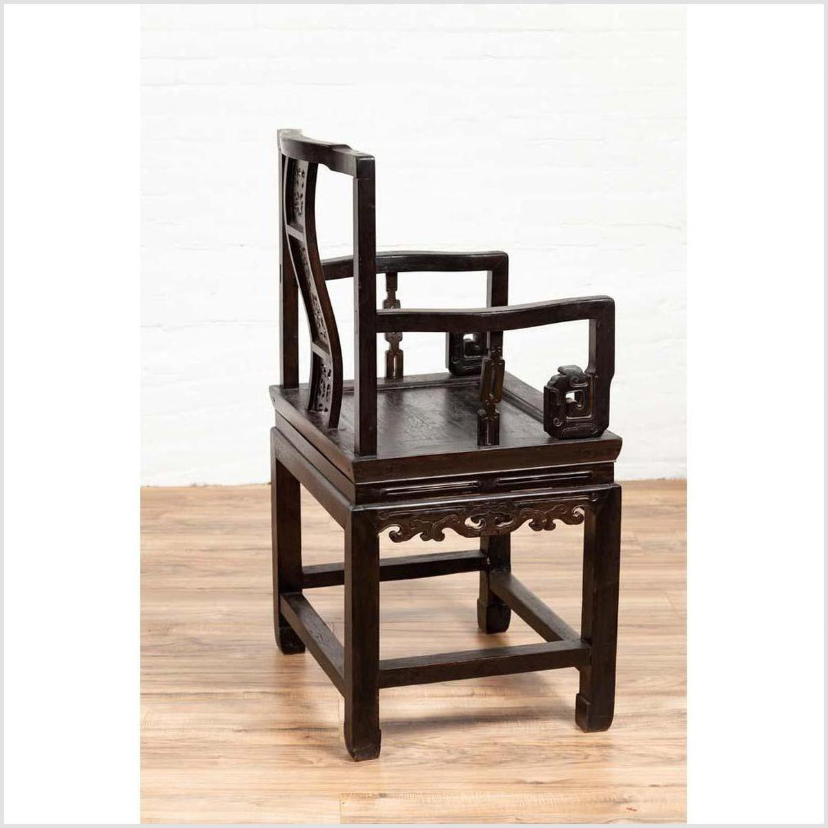 Chinese Wedding Chair with Curvy Pierced Splat, Serpentine Arms and Dark Patina-18. Asian &amp; Chinese Furniture, Art, Antiques, Vintage Home Décor for sale at FEA Home