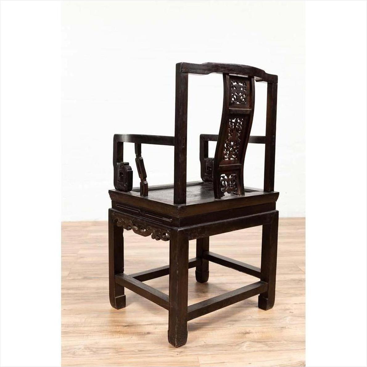 Chinese Wedding Chair with Curvy Pierced Splat, Serpentine Arms and Dark Patina-20. Asian &amp; Chinese Furniture, Art, Antiques, Vintage Home Décor for sale at FEA Home