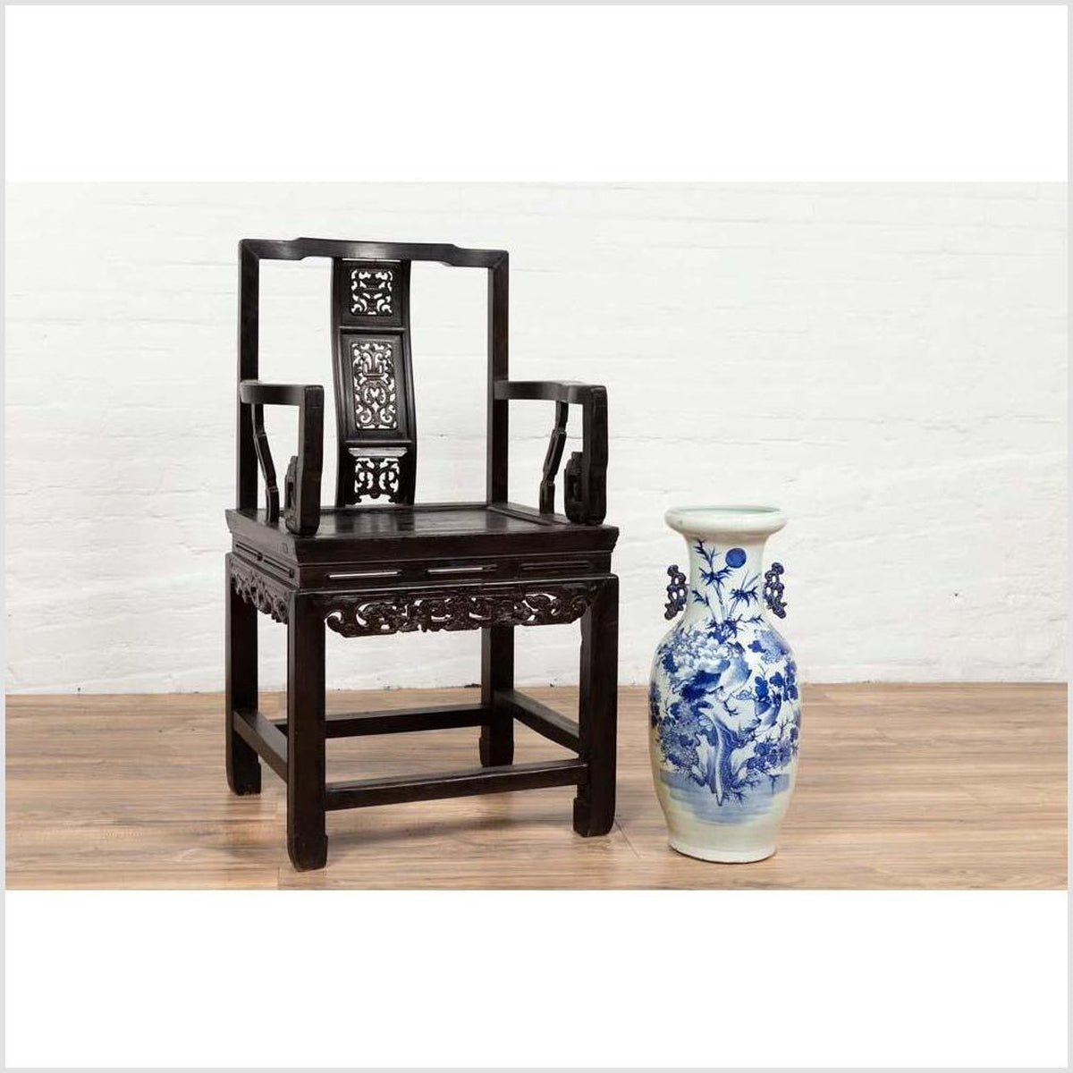 Chinese Wedding Chair with Curvy Pierced Splat, Serpentine Arms and Dark Patina-3. Asian &amp; Chinese Furniture, Art, Antiques, Vintage Home Décor for sale at FEA Home