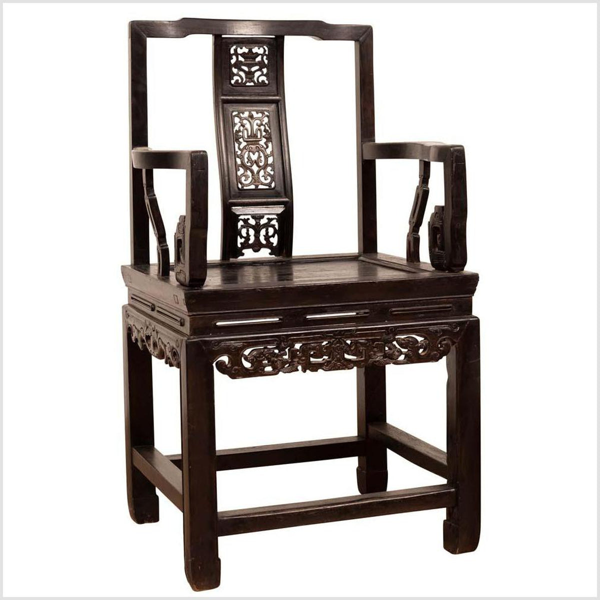 Chinese Wedding Chair with Curvy Pierced Splat, Serpentine Arms and Dark Patina-1. Asian & Chinese Furniture, Art, Antiques, Vintage Home Décor for sale at FEA Home