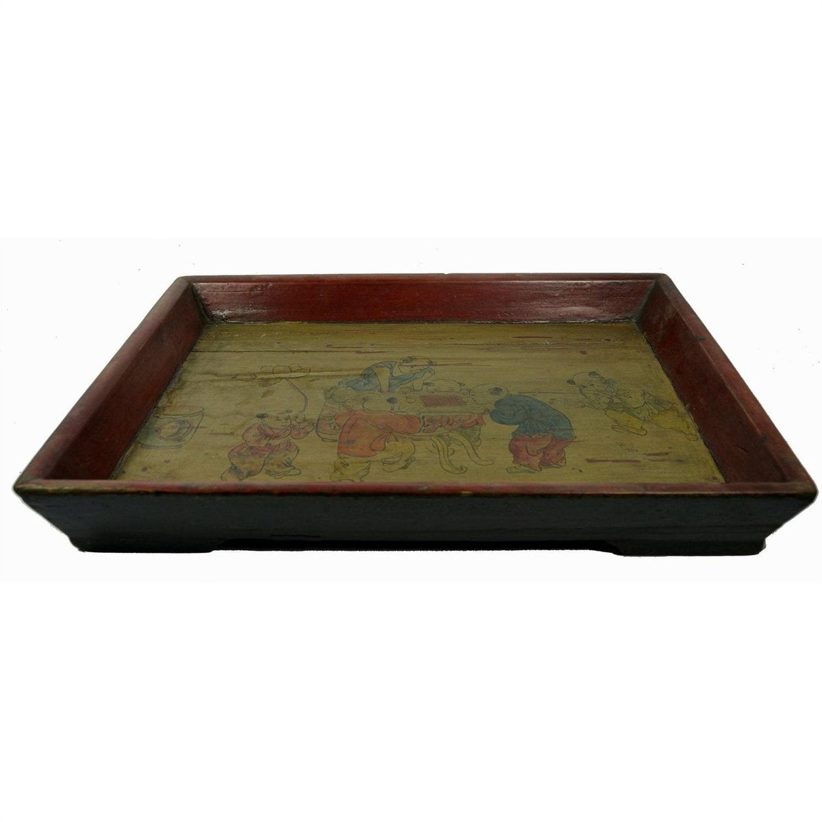 Red and black Chinese wooden tray with hand-painted figures and animals, used condition, close-up view.