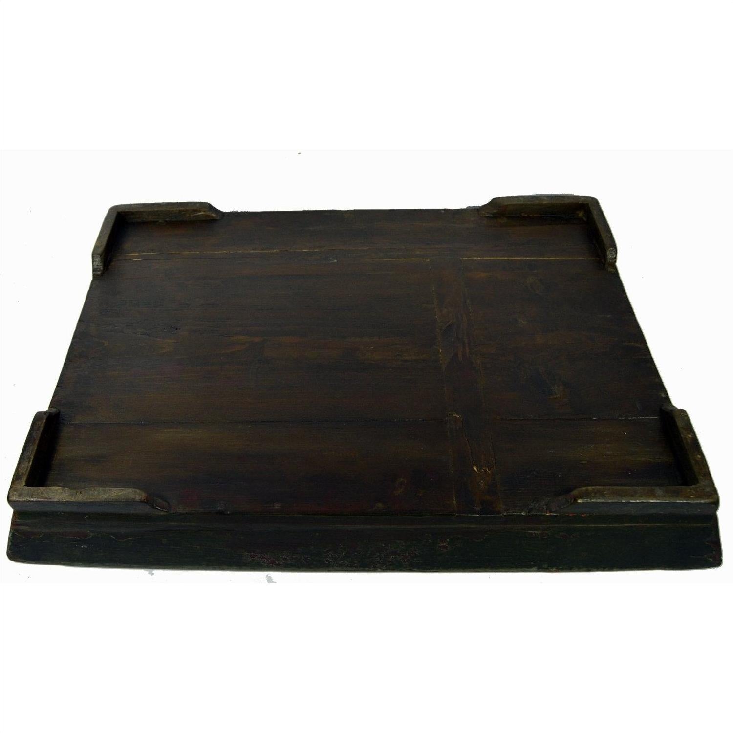 Antique wooden Chinese tray with raised edges, used condition, on a plain white background.